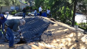 Menlo Park Ca.- Tearing off old shingle composition roof down to the plywood.